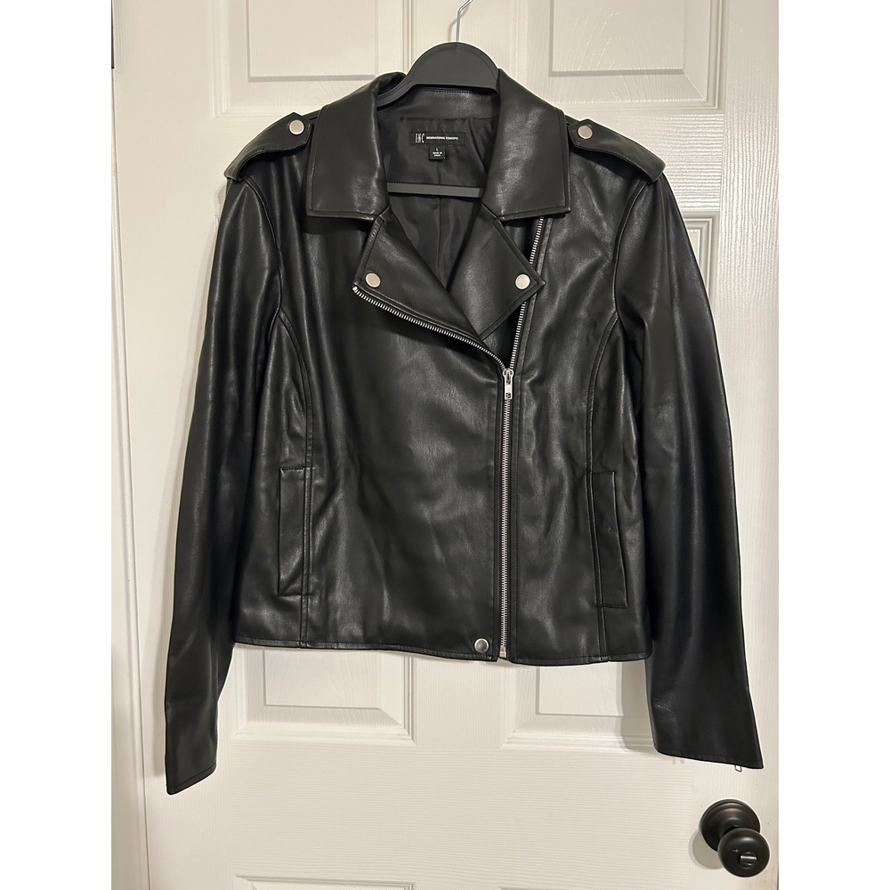 INC International Concepts Womens Faux Leather Moto Jacket Black Size L
